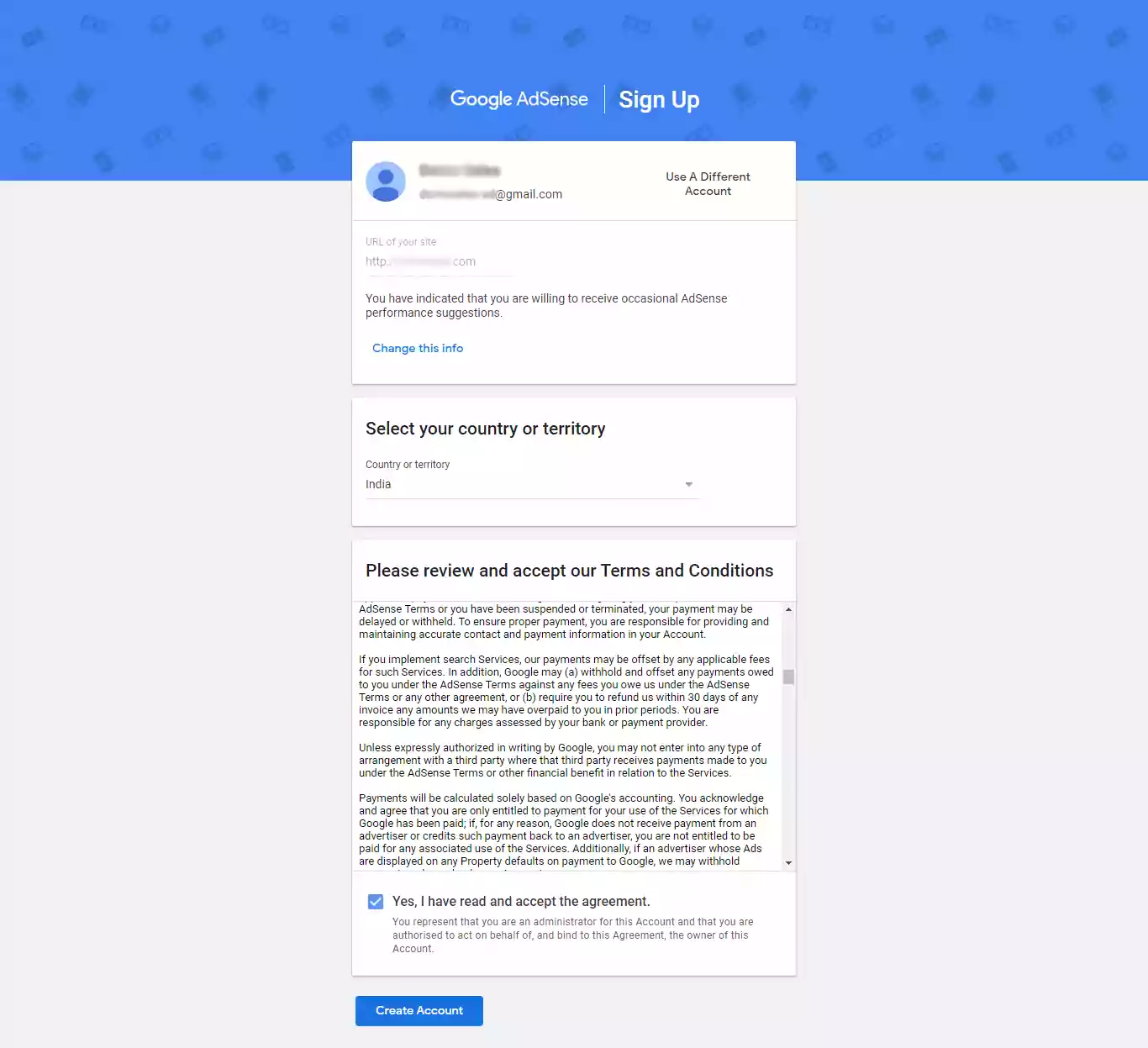 Google Adsense Sign Up Agree