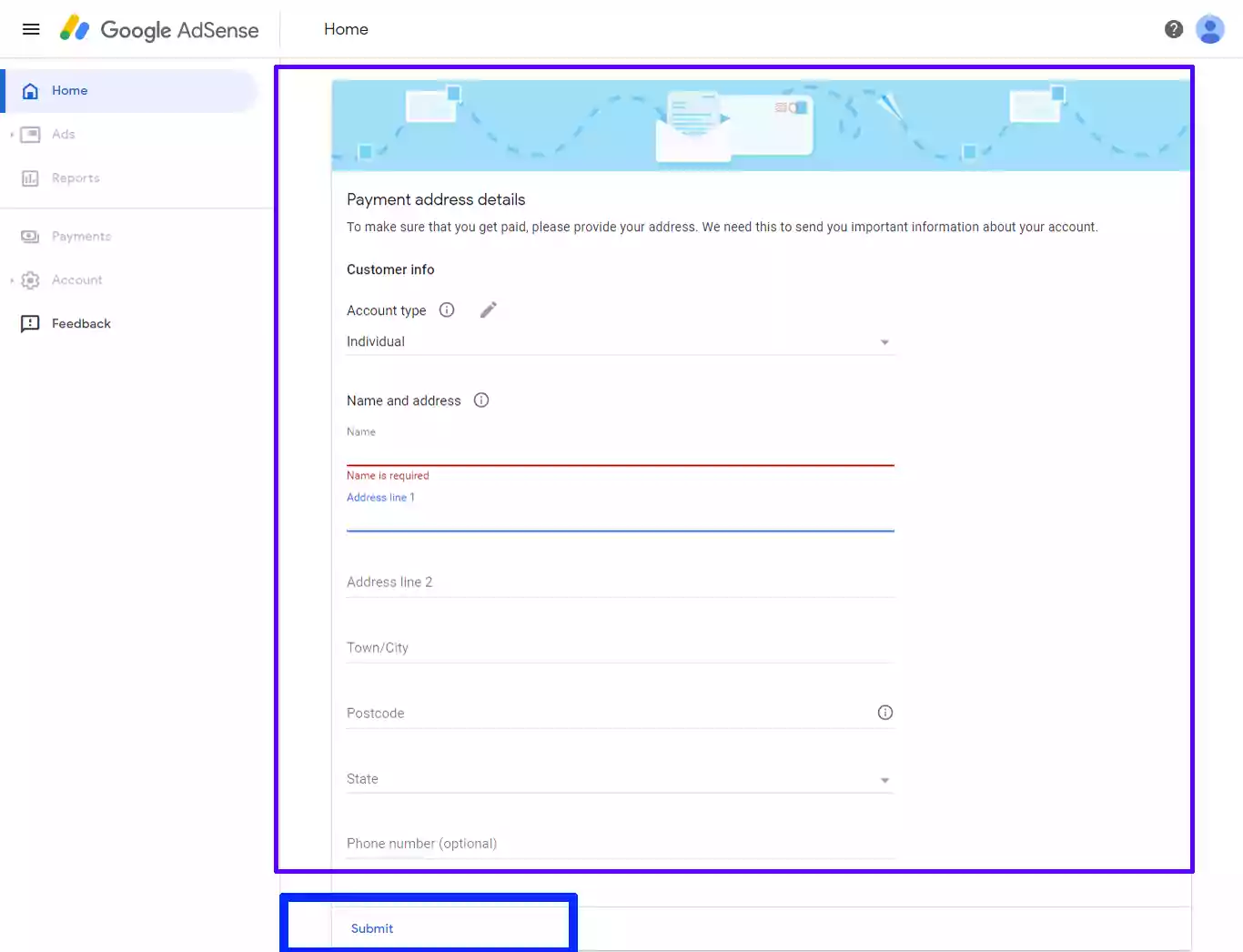 Google Adsense Sign Up- Personal information